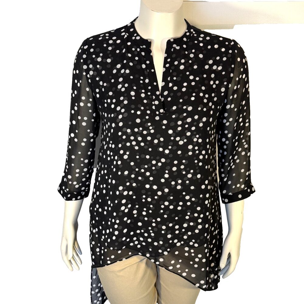 Chico's Women's M Blouse Black White Polka Dot V-Neck HI-Lo Hem